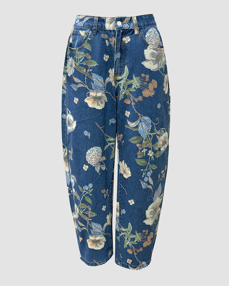 Women's Vintage Floral Printed Baggy Denim Pants Casual High Waisted Cropped Barrel Jeans