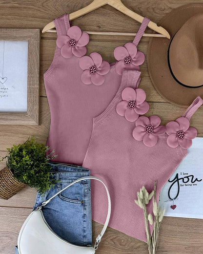 1PC Floral Pattern Beaded Decor Knit Tank Top Sleeveless Shirt