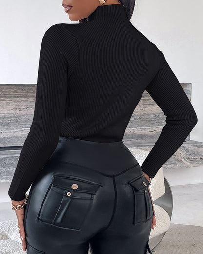 High Neck Long Sleeve Beaded Knit Sweater Hollow-out Fleece Lined Basic Layering Soft Versatile Thermal Top