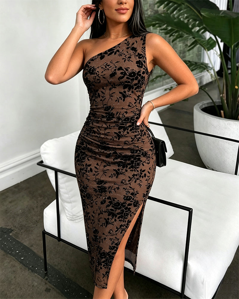 Women's Glitter One Shoulder Flocked Floral Mesh Bodycon Dress Ruched Slit Party Dress