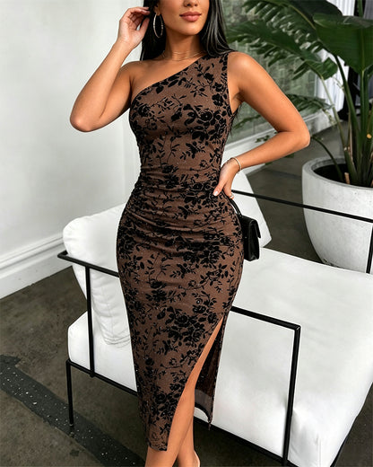 Women's Glitter One Shoulder Flocked Floral Mesh Bodycon Dress Ruched Slit Party Dress