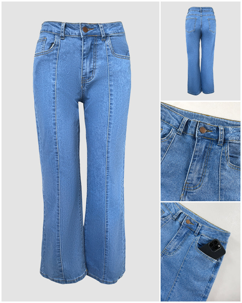 Seam Front High Wait Straight Leg Denim Pants Casual Zipper Fly Jeans
