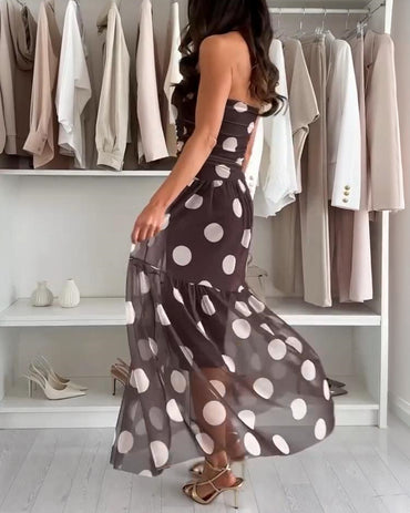 Women's Polka Dot Strapless Mesh Maxi Dress Ruched Tube Ruffle Hem Vacation Dress with Detachable Clear Straps