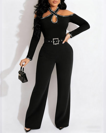 Rhinestone Decor Halter Cold Shoulder Long Sleeve Overalls Hollow-out Front Zipper Back Jumpsuit with Belt