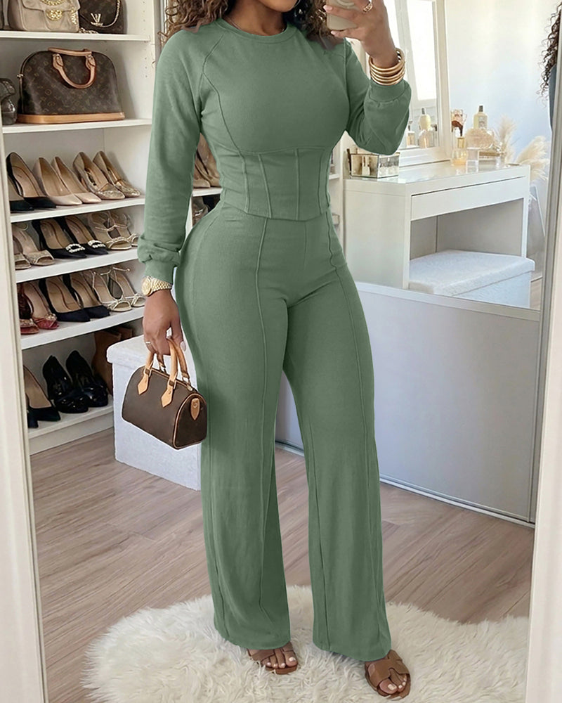 2 Pieces Outfit O-neck Long Sleeve Cinched Waist Sweatshirt and Elastic Waist Wide Leg Pants Set Casual Seam Design Sweatpants Set