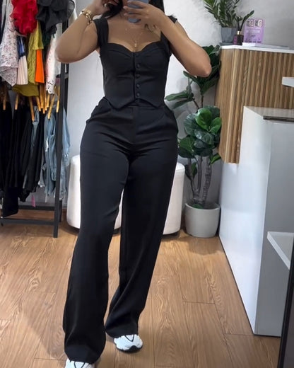 2 Pieces Outfit Thick Strap Button Front Shirred Back Slim Fit Crop Top and Casual High Waist Zipper Fly Elastic Back Waist Wide Leg Pants Set