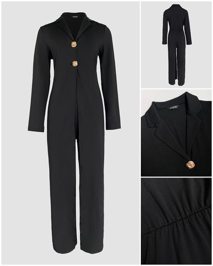 Notched Collar Long Sleeve Button Front Jumpsuit Casual Cinched Waist Wide Leg Faux Two Piece Jumpsuit