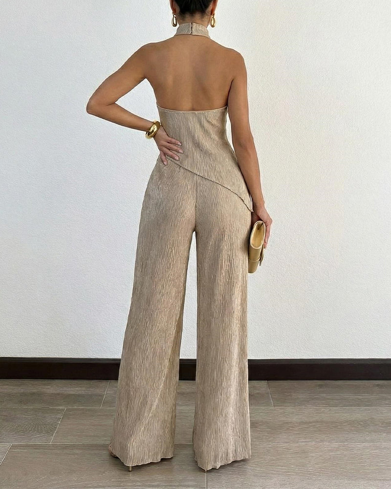Women's Textured 2 Piece Outfits Halter Neck Backless Sleeveless Asymmetric Top and High Waist Wide Leg Pants Set