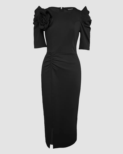 3D Flower Decor Round Neck Puff Sleeve Bodycon Dress Casual Ruched Slit Zipper Back Work Dress