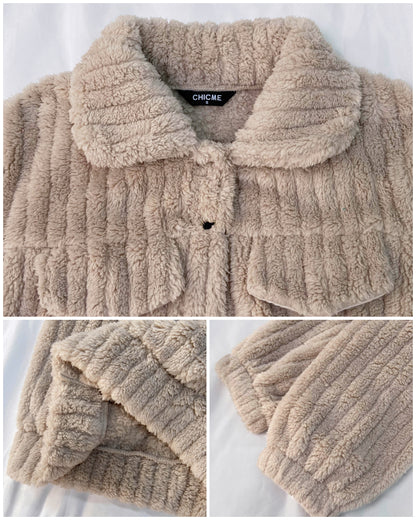 Textured Striped Turn-down Collar Button Front Elastic Cuff and Hem Teddy Fleece Jacket With Decorative Flap Pockets