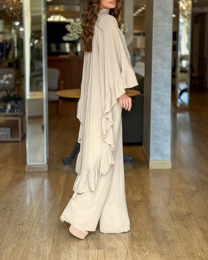 2 Pieces Outfit High Neck Hollow-out Back Ruffles High-Low Hem Cape and Casual Elastic Back Waist Wide Leg Pants Set