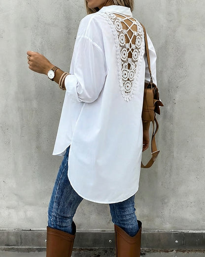 Turn-down Collar Long Sleeve Guipure Lace & Sheer Mesh Spliced Back Curved Hem Shirt Casual Button Front High-Low Hem Top