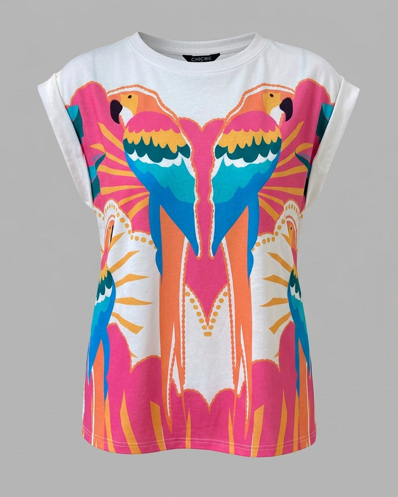 Colorblock Parrots Print O-neck Short Sleeve Tee Casual Rolled Cuffs Top
