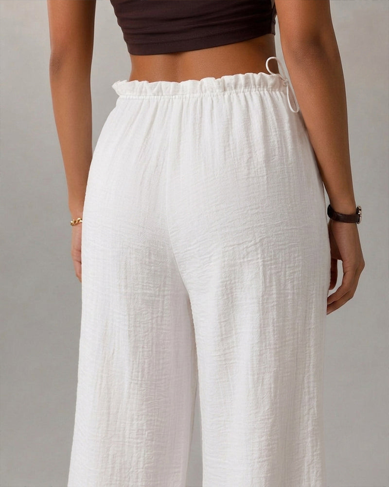 Women's High Waisted Wide Leg Pants Flowy Crinkle Casual Drawstring Lounge Trousers