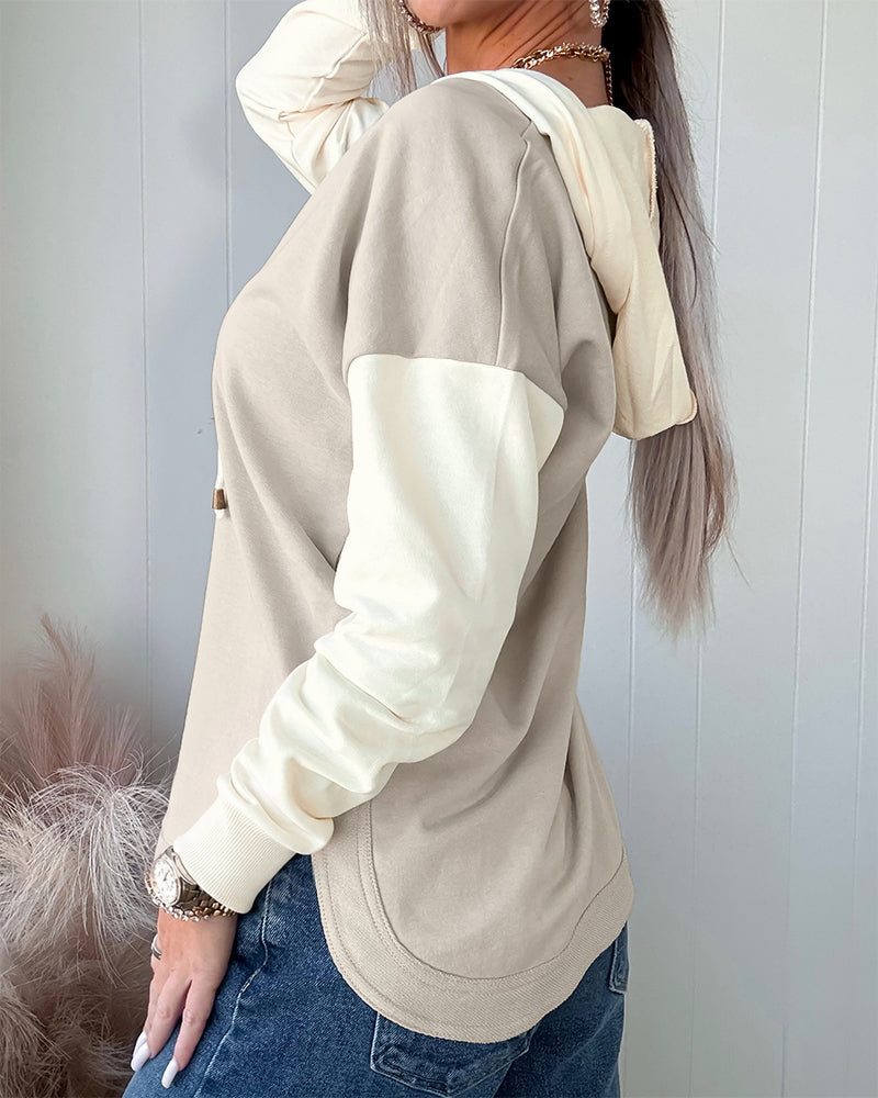 Women's Colorblock V Neck Hoodie Drawstring Curved Hem Sweatshirt Casual Slit Top