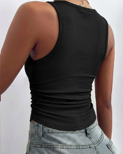 Women's Ribbed Knit Tank Top Adjustable Buckle Strap Side Ruched Knit Top Curved Hem Slim Fit Vest