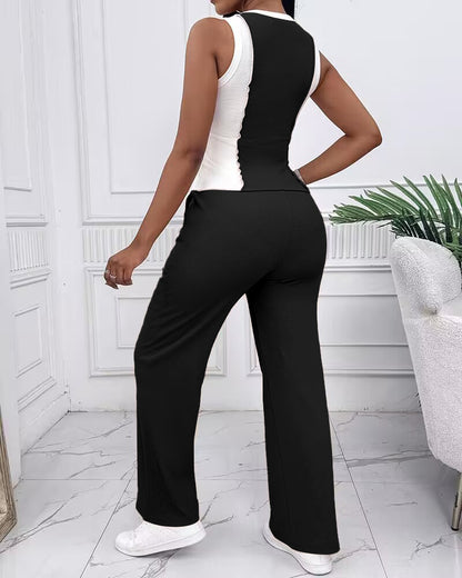 2 Pieces Outfit O-neck Slim Fit Tank Top and Drawstring Elastic Waist Straight Leg Pants Set Casual Colorblock Ribbed Set