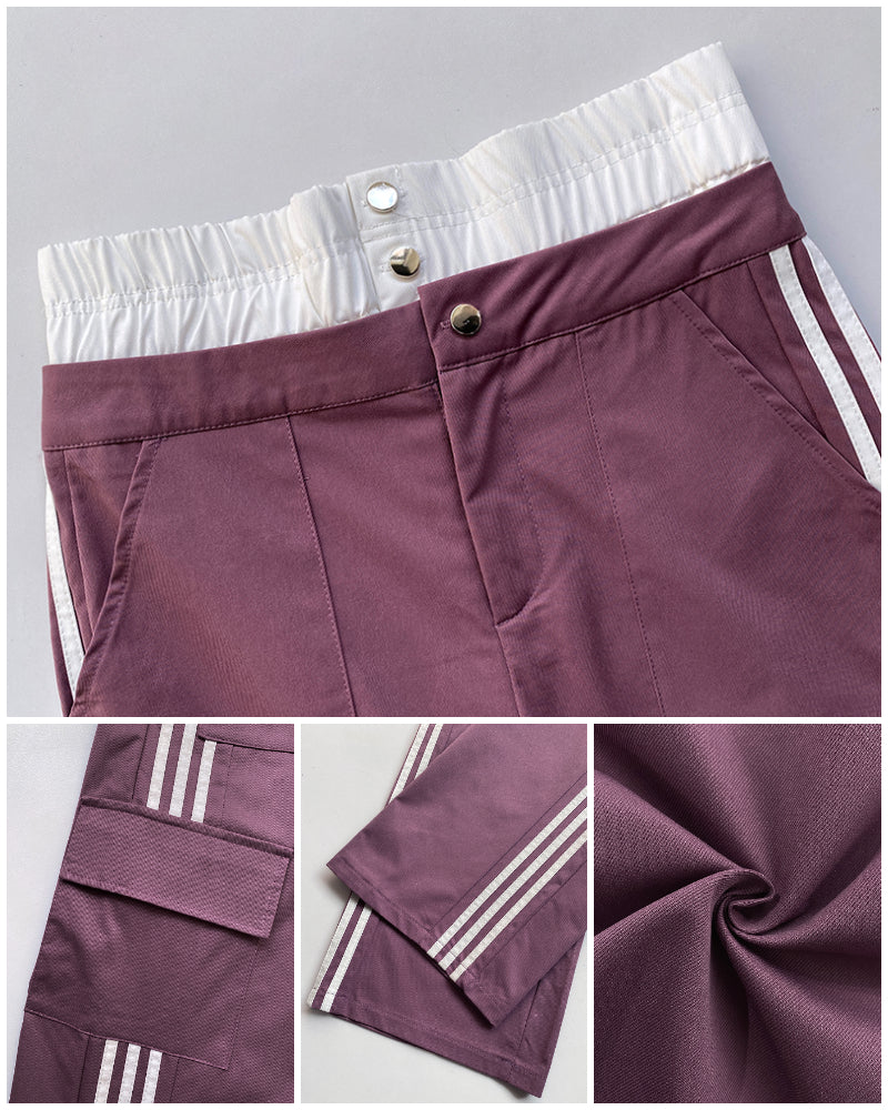 Contrast Side Striped Zipper Fly Stretchy High Waist Pants Flap Pockets Design Double Waistband Cargo Pants