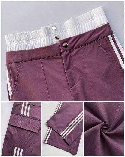 Contrast Side Striped Zipper Fly Stretchy High Waist Pants Flap Pockets Design Double Waistband Cargo Pants