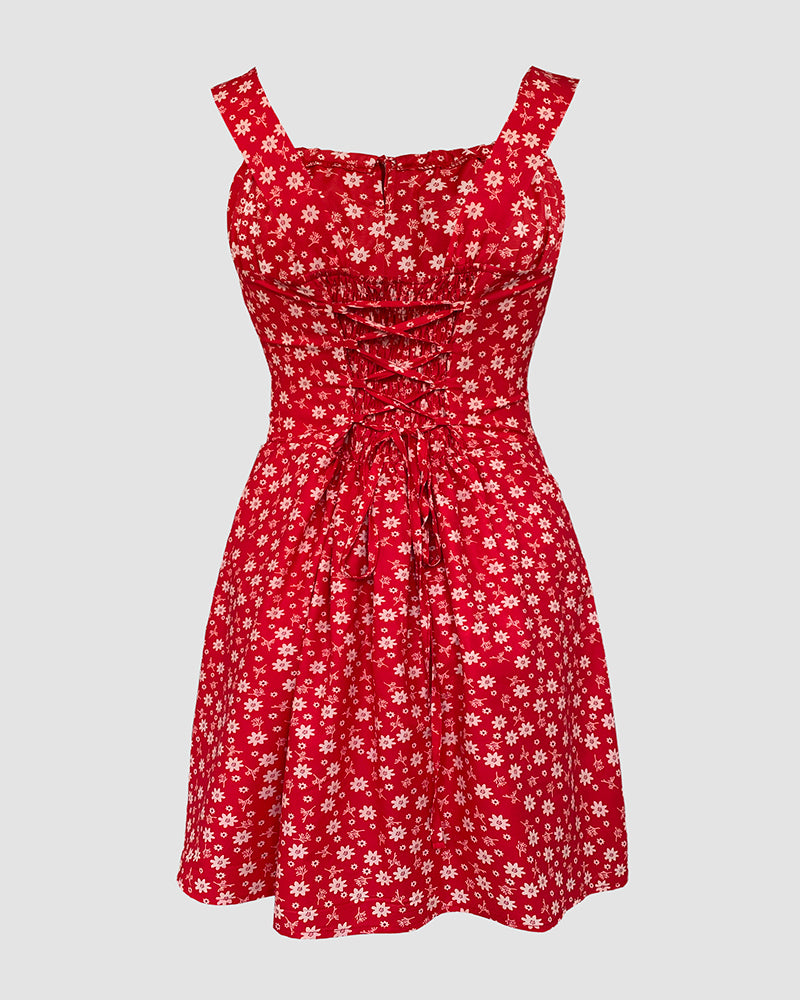 Floral Print Square Neck Thick Strap Tied Detail Romper Casual Shirred Lace-up Back Slit Skort Romper