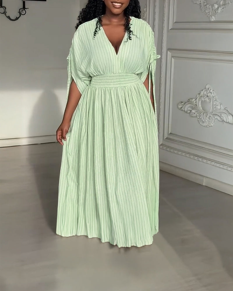 Striped V-Neck Drawstring Sleeve Shirred Waist Maxi Dress Casual Cinched Waist Zipper Back Vacation Dress