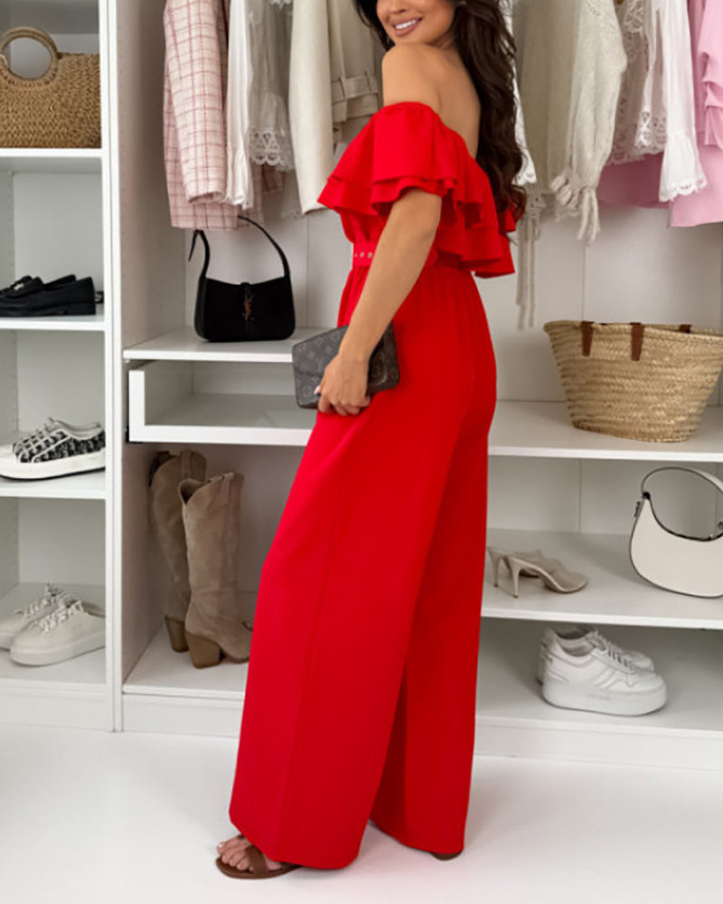 Women's Ruffle Off Shoulder Jumpsuit Casual Wide Leg Overalls with Detachable Clear Straps and Belt