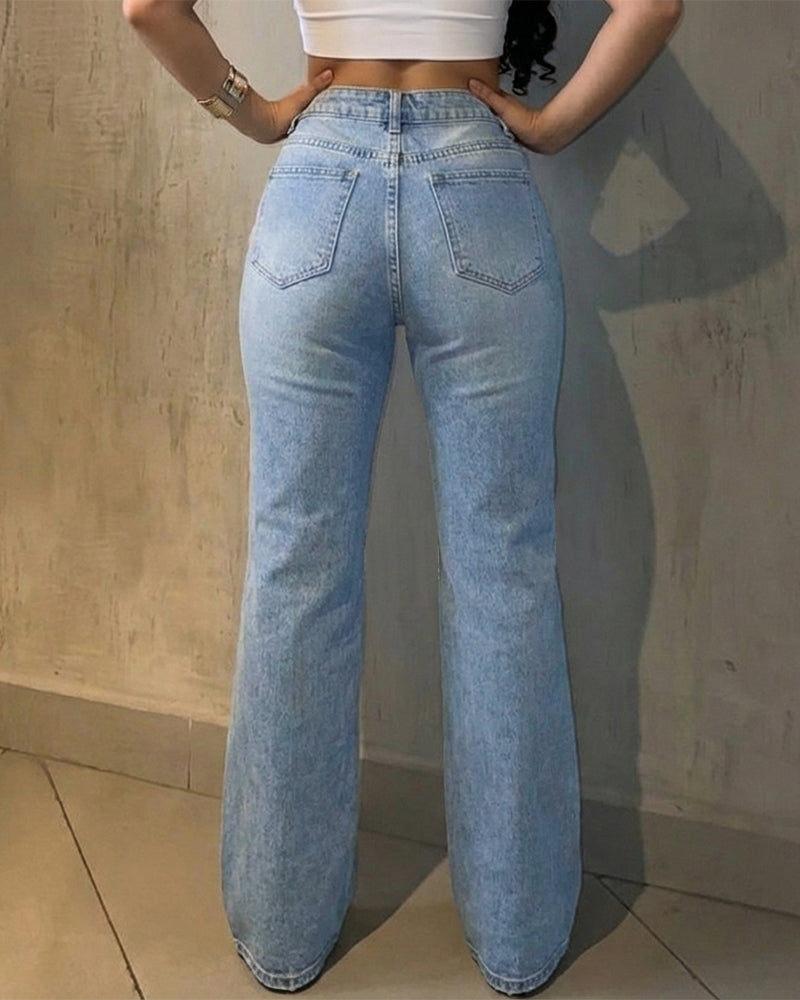 Women's Rhinestone Flare Jeans High Waisted Distressed Ripped Jeans Y2K Retro Streetwear Denim Pants