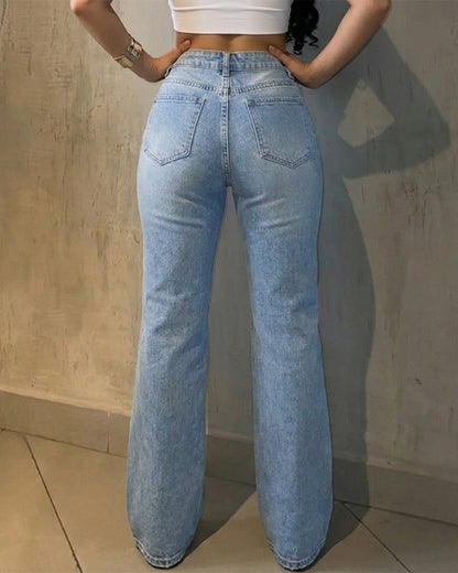 Women's Rhinestone Flare Jeans High Waisted Distressed Ripped Jeans Y2K Retro Streetwear Denim Pants