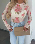 Women's Floral Mesh Long Sleeve Top Sheer O-Neck Slim Fit Blouse for Casual Streetwear & Layering