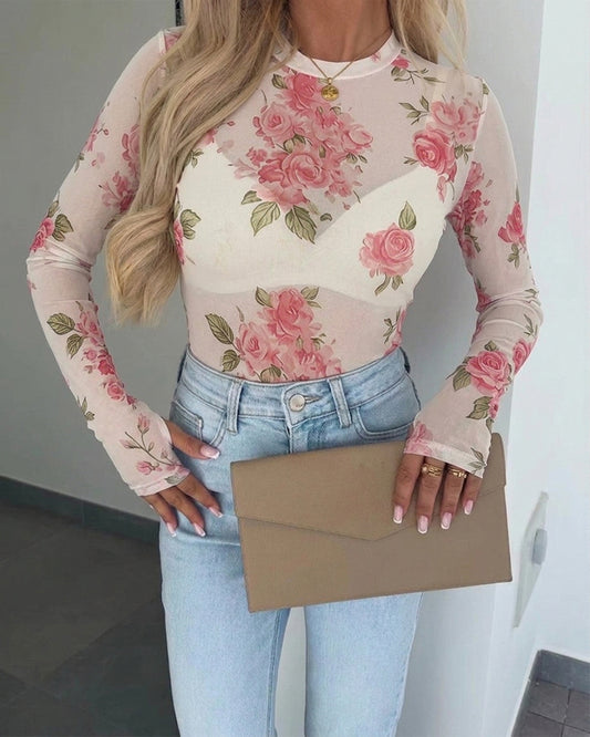 Women's Floral Mesh Long Sleeve Top Sheer O-Neck Slim Fit Blouse for Casual Streetwear & Layering