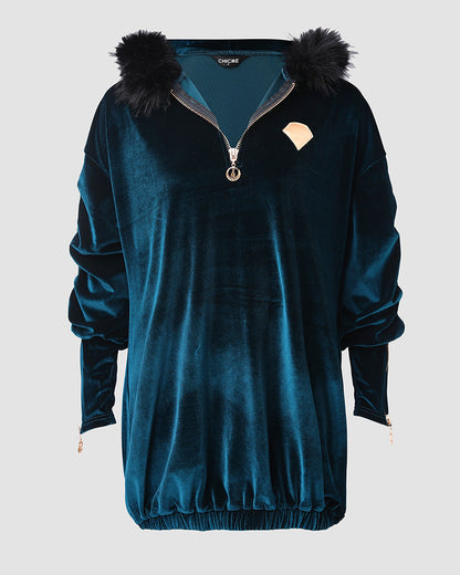 Velvet Fuzzy Trim Hooded Mini Dress Long Sleeve Zipper Design Sweatshirt Pullover Casual Dress