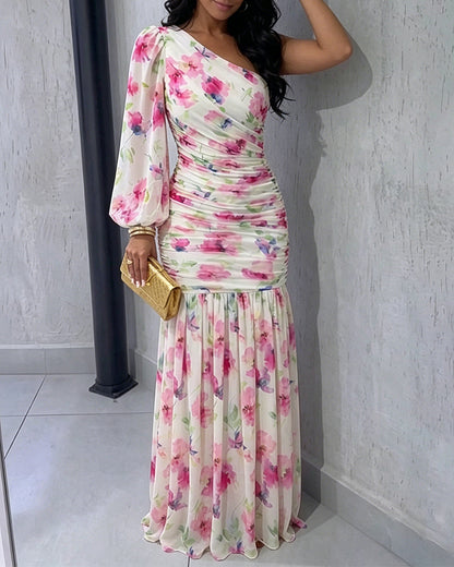 Women's Floral One Shoulder Evening Dress Elegant Lantern Sleeve Ruched Maxi Gown Casual Sheer Mesh Mermaid Dress