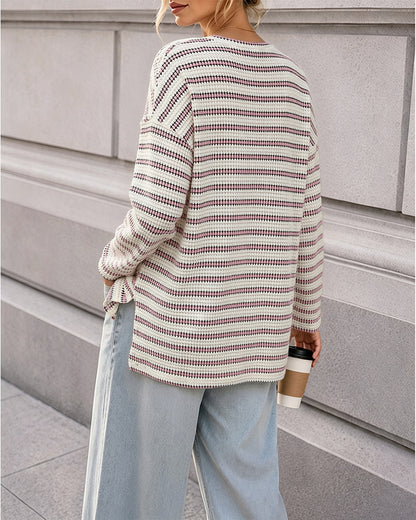 Women's Striped Textured Knit Long Sleeve T-Shirt Casual Side Slit Loose Fit Top