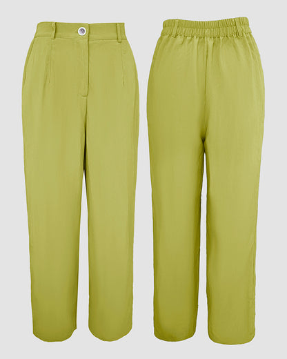 2 Pieces Outfit Turn-down Collar Turn-Up Sleeves Button Front Flap Pockets Design Top and Causal Zipper Fly Elastic Back Waist Wide Leg Pants Set