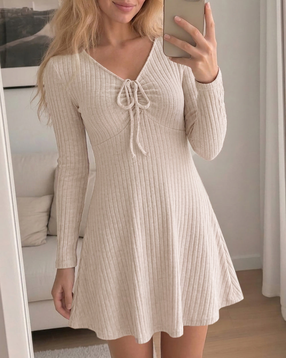 Women's V Neck Drawstring Long Sleeve Ribbed A Line Mini Dress