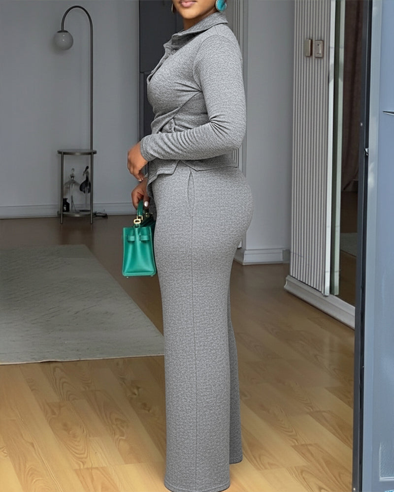 Stylish 2 Pieces Outfit Long Sleeve Criss Cross Button-Up Top and Casual Wide Leg Pants Set with Pockets