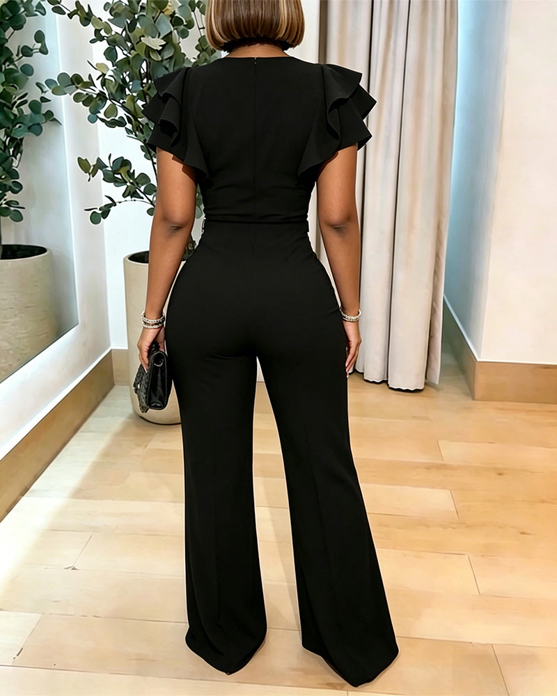 Women's Sexy V Neck Jumpsuit Sleeveless Ruffle Flare Leg Romper Elegant High Waisted Jumpsuit with Gold Chain Decor