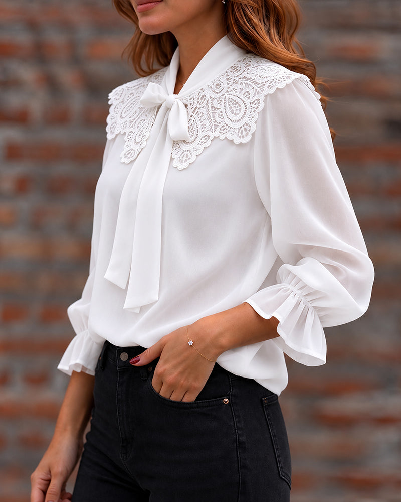 Women's Guipure Lace Spliced Tie Neck Long Sleeve Chiffon Blouse