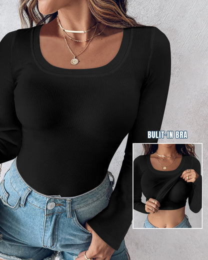 Chicme Built In Bra U Neck Long Sleeve Ribbed Top