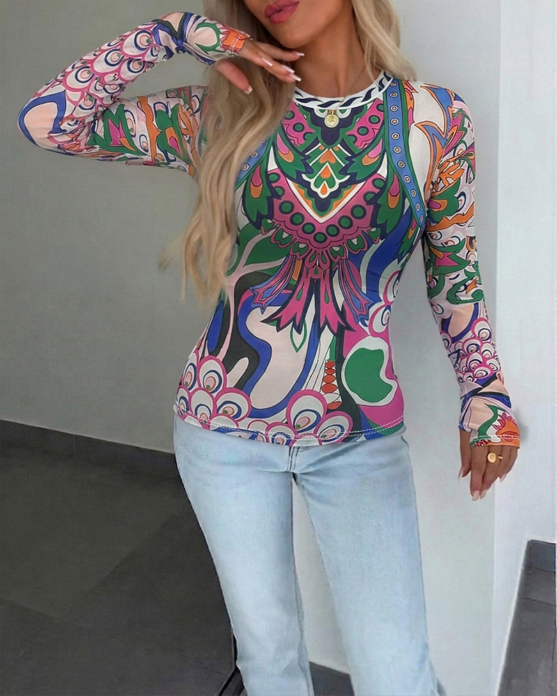 Women's Vintage Abstract Print Sheer Mesh Top Long Sleeve Slim Fit Tee with Thumb Holes