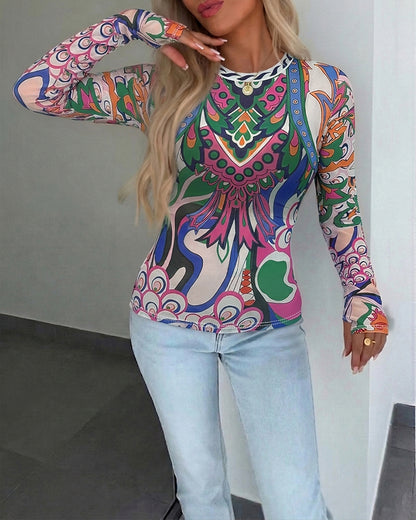 Women's Vintage Abstract Print Sheer Mesh Top Long Sleeve Slim Fit Tee with Thumb Holes
