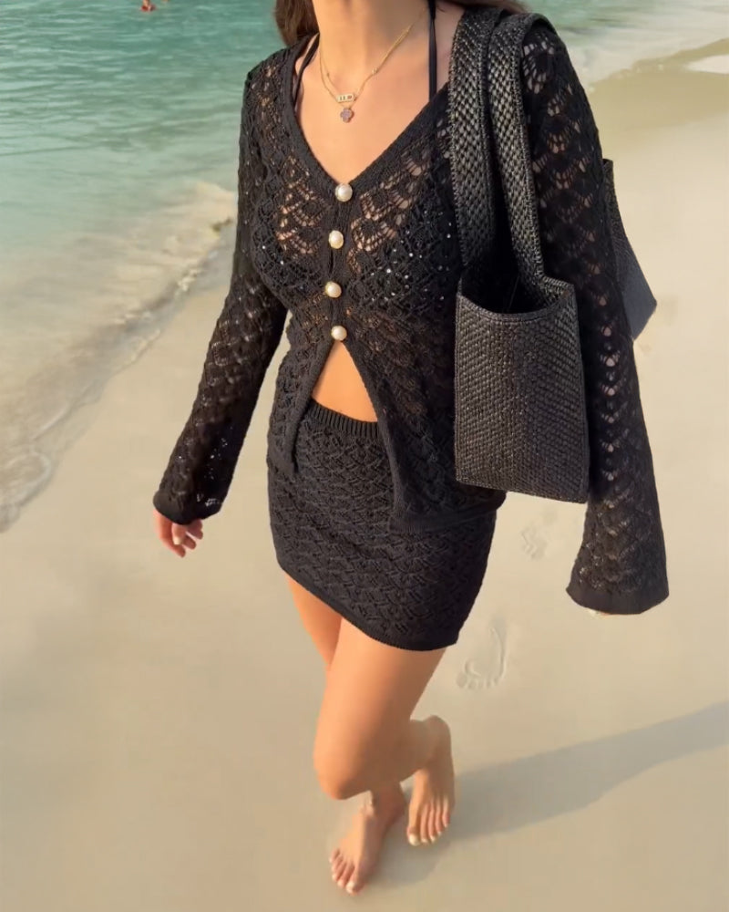 2 Pieces Outfit Deep V Neck Flare Sleeve Half Pearl Button Front Slit Top And Elastic Waist Skirt Set Casual Slim Fit Knit Set