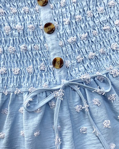 Polka Dot Bandeau Sleeveless Shirred Rompers Casual Button Decor Tied Detail Short Jumpsuit