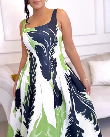 Abstract Print Thick Strap Square Neck Dress Casual Flowy A Line Midi Dress