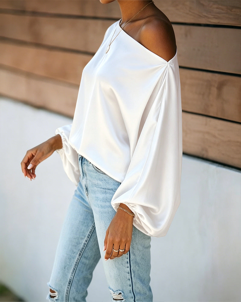 Women's Off Shoulder Satin Blouse Lantern Long Sleeve Shirt Casual Loose Fit Skew Neck Top