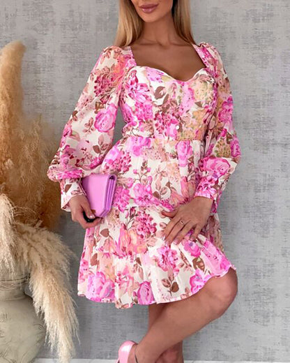 Women's French Floral Dress Sweetheart Neck Puff Sleeve Ruffle A Line Dress Casual Tied Detail Shirred Vacation Dress