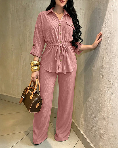 2 Pieces Outfit Vintage Turn-down Collar Roll Up Sleeve Button Front Flap Pocket Design Waist Drawstring Top and Elastic Waist Wide Leg Pants Set Casual Textured Commuting Set