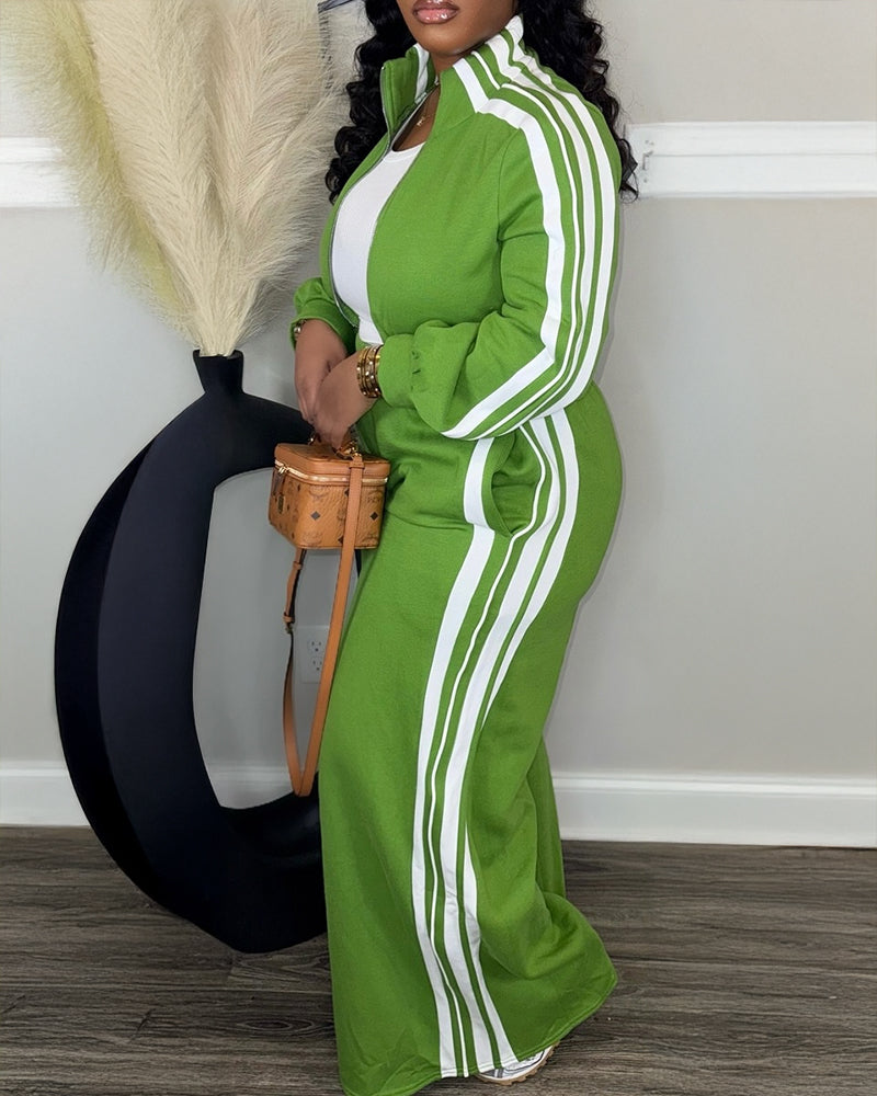 2 Pieces Outfit Stand Collar Zip Up Stretchy Hem Crop Coat and Elastic Waist Wide Leg Pants Set Casual Contrast Side Striped Set