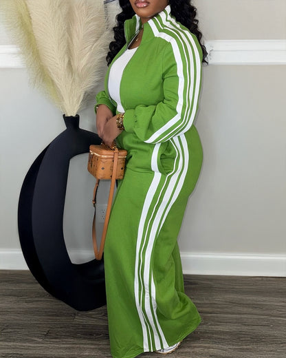 2 Pieces Outfit Stand Collar Zip Up Stretchy Hem Crop Coat and Elastic Waist Wide Leg Pants Set Casual Contrast Side Striped Set
