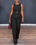 Women's 2 Piece Outfits Sleeveless Peplum Top and Wide Leg Pants Set Elegant Gold Belt Business Work Suits
